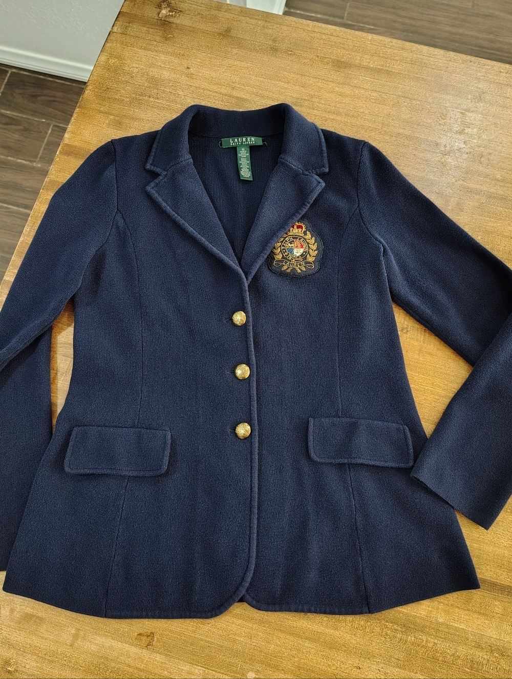 Vintage Lauren Ralph Lauren Navy Crest 100% Cotton Knit Blazer Navy Blue Size M